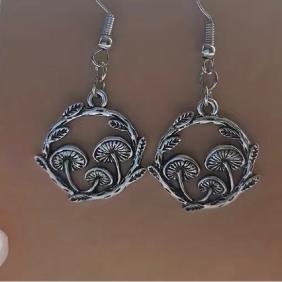 Silver Mushroom Plant Pendant Earrings - Picture 4 of 5